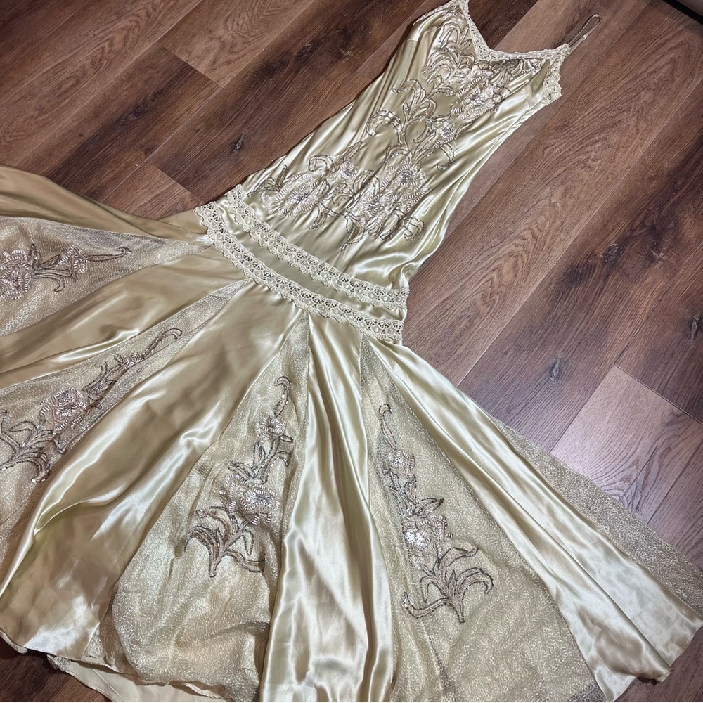 Vintage 100% Silk Beaded Dress Lace Dress Vintage Drop Waist Gown Prom Dress - Picture 3 of 17